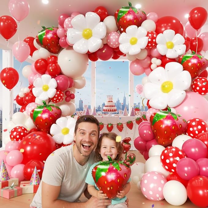Strawberry Balloon Arch Kit 188Pcs with Strawberry Daisy Foil Balloons, Red Pink White Balloons for Sweet One Berry First Birthday Wedding Baby Shower Gender Reveal Girls Princess Party Decor