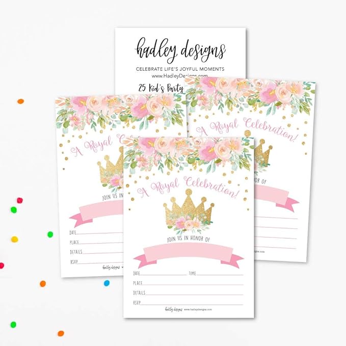 Hadley Designs Kids Birthday Invitations Girl Princess Theme - 25 Royal Birthday Party Invitations For Girls, Princess Invites For Girls, Cute Party Supplies, Made in USA