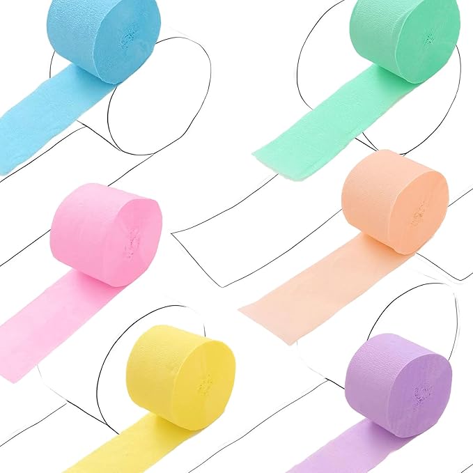 Pastel Crepe Paper Streamers, Party Streamers for Birthday Party,Graduation Decorations,Light Pink, Purple, Yellow, Peach, Green, Blue, 6 Rolls(82 Feet Long x 1.77 Inch)