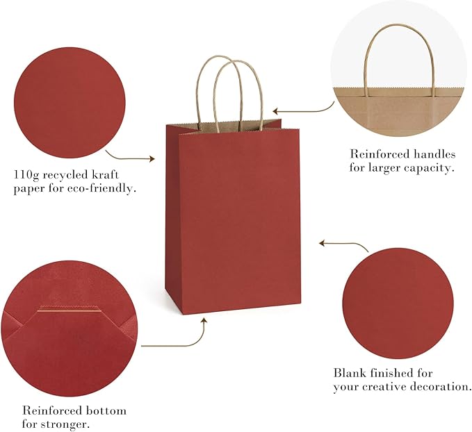 BagDream Small Gift Bags 25Pcs 5.25x3x8 Red Paper Bags with Handles, Kraft Paper Sacks for Small Gifts, Birthday, Wedding Party Favor, Christmas Valentine‘s Day