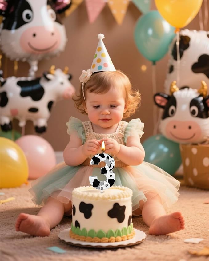 Number 3 Black Cow Birthday Candles,2.68 inch Metallic 3D Cow Birthday Candles, Cow Themed Cake Topper Decorations for Birthday Party Anniversary Celebration Supplies