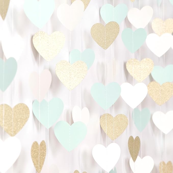 Sage-Green Gold Tea Party Decorations Heart Garland - 52Ft Garden Forest Baby Bridal Shower Birthday Mint Hanging Streamers Banner Decor,Wedding Bachelorette Engagement Graduation Backdrop Huglony