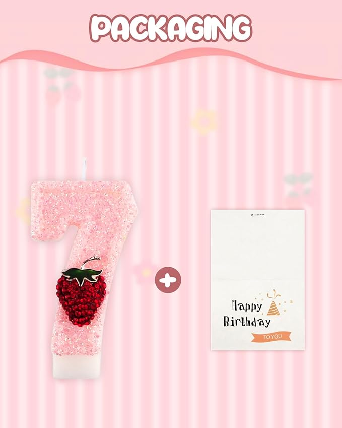 Birthday Candles for Cake, Pink Number Candles, Cake Candles with Greeting Card for Birthday Party Wedding Anniversary Celebrations (Strawberry 7 Candle)
