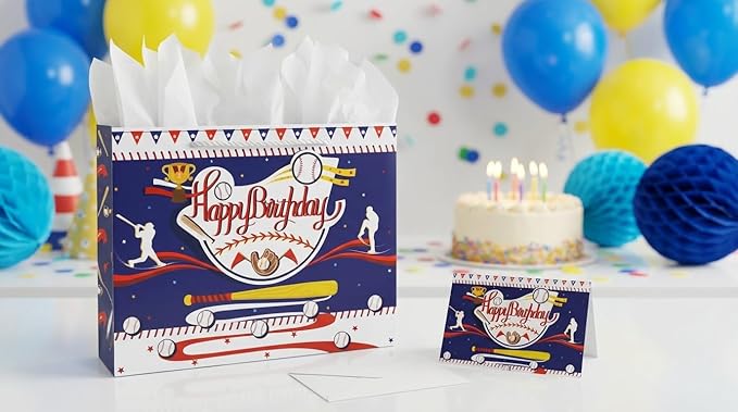 Oletx Baseball Party Favor Gift Bags, Large Baseball Gift Wrap Bags with Tissue Paper for Sports Party, Happy Birthday Baseball Bags,Goodie Treat Wrapping Bags for Boys Men or Team Supplies