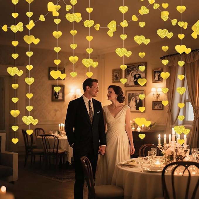 Gold Heart Garland Hanging Sparkling Love Streamer Glitter Bunting Banner Twinkle Heart Backdrop for Wedding Engagement Valentines Galentines Birthday Party Decor 40 Feet