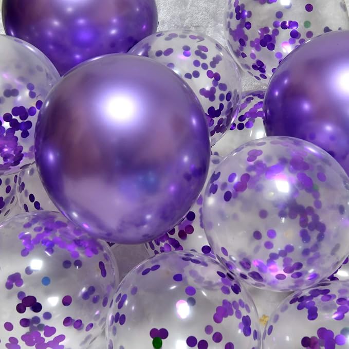 Purple Confetti Balloons, 12inch, 50 Pcs, Latex, Perfect for Birthdays, Unisex-Adults & Kids