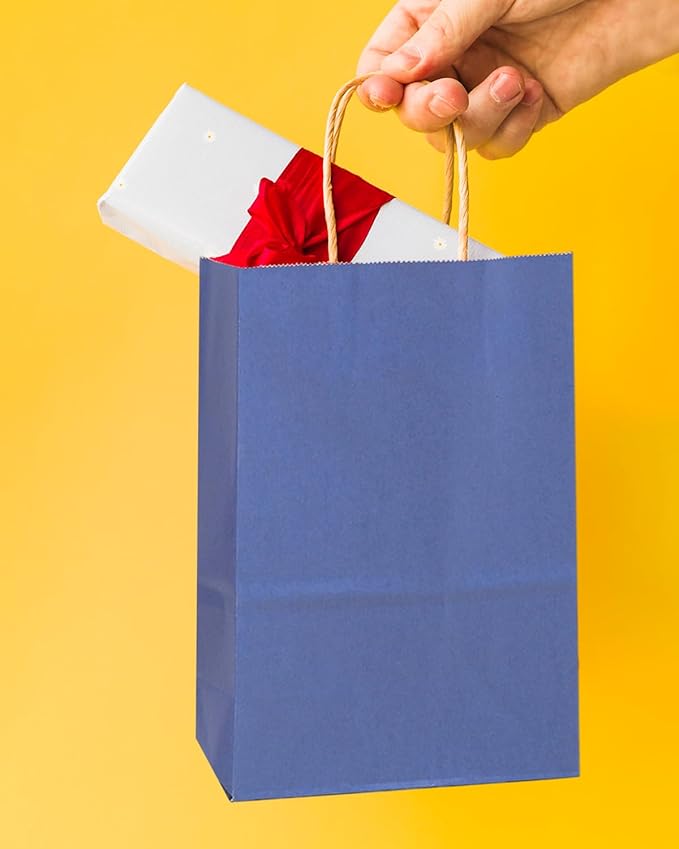 qiqee 24 Pcs Deep Blue Mini Paper Gift Bags with Handles 6"x4.5"x2.5" Small Brown Kraft Party Favor Treat Bags Multiple Uses (Mini size)