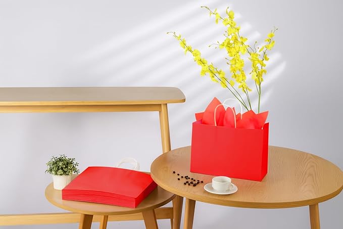 SUNCOLOR Red Gift Bags with Handles, 25 Pack Large 13x10x5.5 Inch Paper Party Favor Bags for Birthday Wedding Shopping Retail