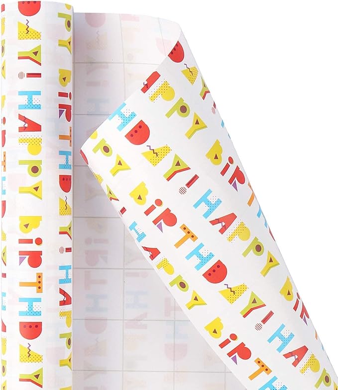 MAYPLUSS Birthday Wrapping Paper Roll - Mini Roll -17in x 120in Per roll - Red Balloon Stripes,Happy Birthday Lettering (42.3 sqft) for Party,Girl,Baby Shower,Boy Wedding, All Occassions