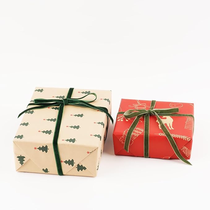 YKW Green Velvet Ribbon Set, 2 Rolls 3/8 inch x 10 Yards Christmas Holiday Ribbon for Gift Wrapping, Crafts, Tree Decorations, Party Supplies, DIY Projects