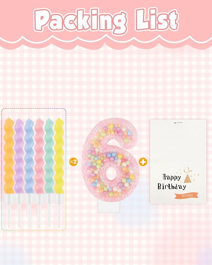 Birthday Candles for Cake, Macaron Number Candles, Cake Candles with Greeting Card for Birthday Party Wedding Anniversary Celebrations (6 Candle)