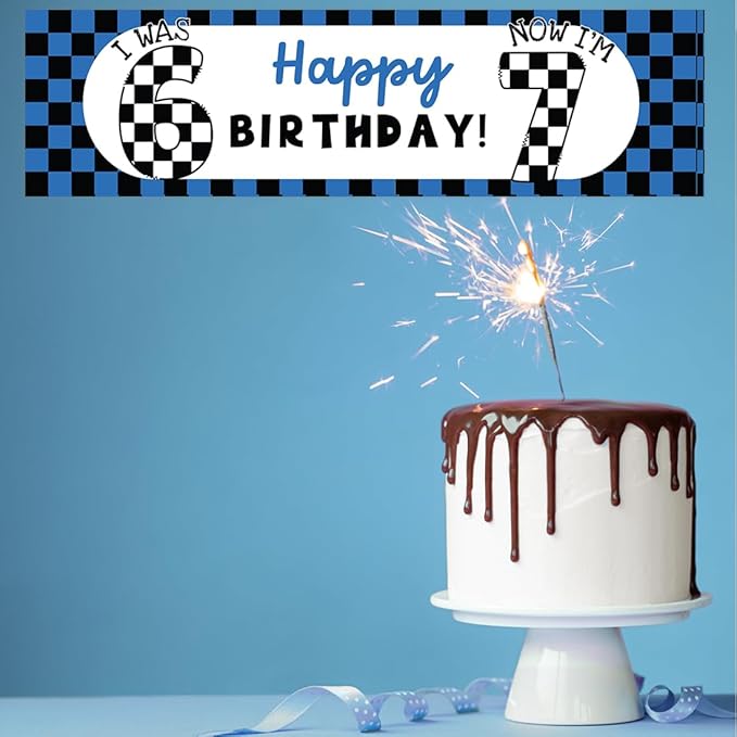 Andaz Press 13x48 Inch 6 7 Birthday Banner Decorations, I Was 6 Now I'm 7 Birthday Banner Blue Checkered 67 Happy Birthday Party Banner for Boys or Girls, Home or Party Decor Backdrop Sign