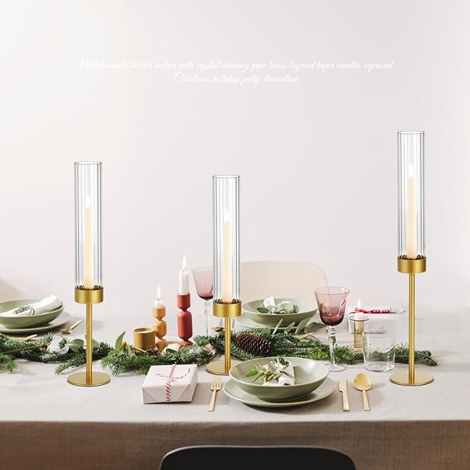 Glass Hurricane Candle Holders Set of 3-Gold Metal Base Taper Candle Stick Holders for CandlesticksHolder Decor, Elegant Dining Table Centerpiece for Wedding, Christmas & Home Decor-Ribbed Glass