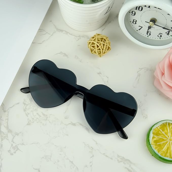 NACHLYNN 24 Pcs Black Heart Sunglasses for Women Rimless Heart Shaped Sunglasses Candy Color Glasses for Party Favors
