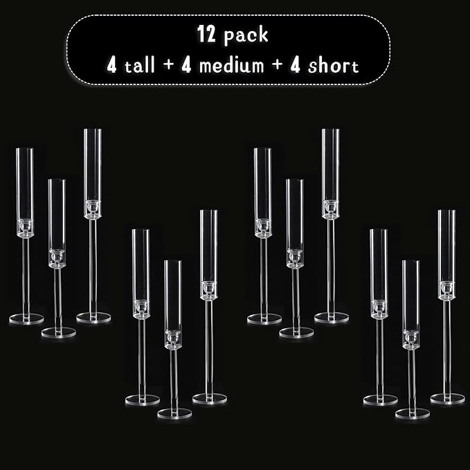 Vincidern 12pcs Taper Candle Holder Acrylic Candlestick Holder Clear Set for Table Centerpiece, Long Candle Stick Candle Stand Cylinder Shade for Wedding Party Dining Room Decor