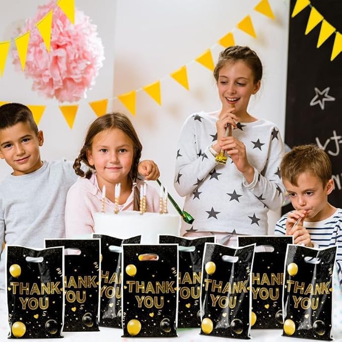 ANGOLIO Birthday Treat Party Bags - 50Pcs Black and Gold Party Favors Bags Print Easter Black Gold Balloon with Handles Plastic Gifts Bags Thank You Birthday Snack Bags Happy Party Favor Supplies
