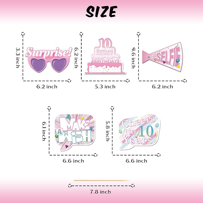20 Pcs Girl 10th Birthday Photo Booth Props Kit, Pink Ten Birthday Party Selfie Decorations, Girl Kid's 10th Bday Party Photography Supplies