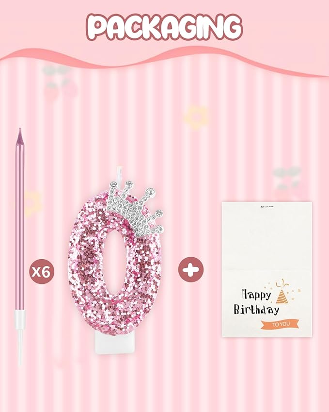 Birthday Candles for Cake, Pink Number Candles, Cake Candles with Greeting Card for Birthday Party Wedding Anniversary Celebrations (0 Candle, Silver Crown)