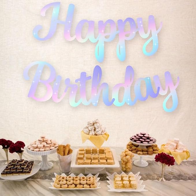 BEISHIDA Happy Birthday Banner - NO DIY,Iridescent 10Feet Pre-Strung-Glitter Birthday Sign Garland Backdrop Decorations for Women men Party