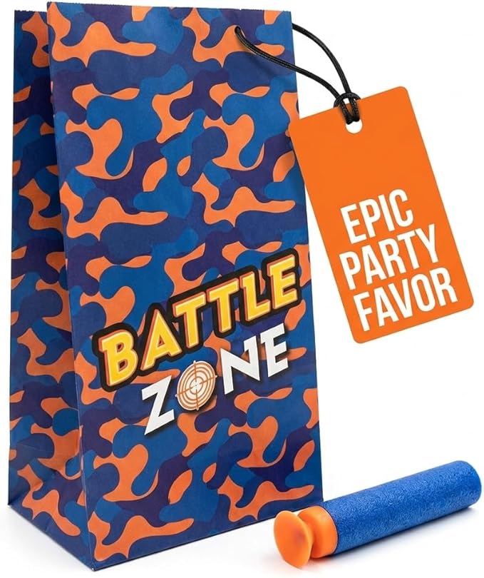 Serves 16 Dart War Party Supplies Includes 16 Treat Bags, 1 Happy Birthday Banner, 8 Swirls, 16 Stickers Ideal for Dart War theme Birthday Party