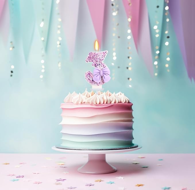 Birthday Candle for Cake, 3 Candle - Purple Glitter with Bowknot, 2.76 inch Cake Topper Decoration for 3 Years Old Birthday Party (Number 3)