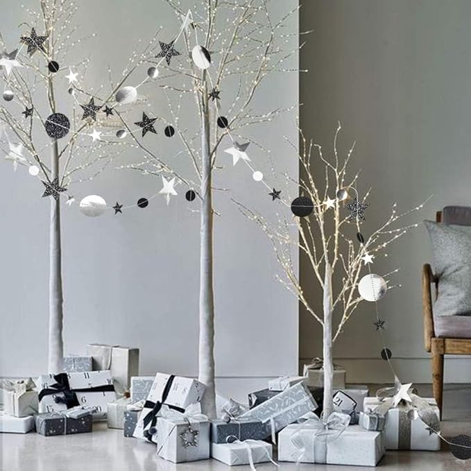 Cheerland Twilight Birthday Decoration Black Silver Moon Garland Full Moon Star Streamer Gothic Party Decor Garland Ramadan Eid Mubarak Glitter Banner Celestial Baby Shower Summerween Halloween