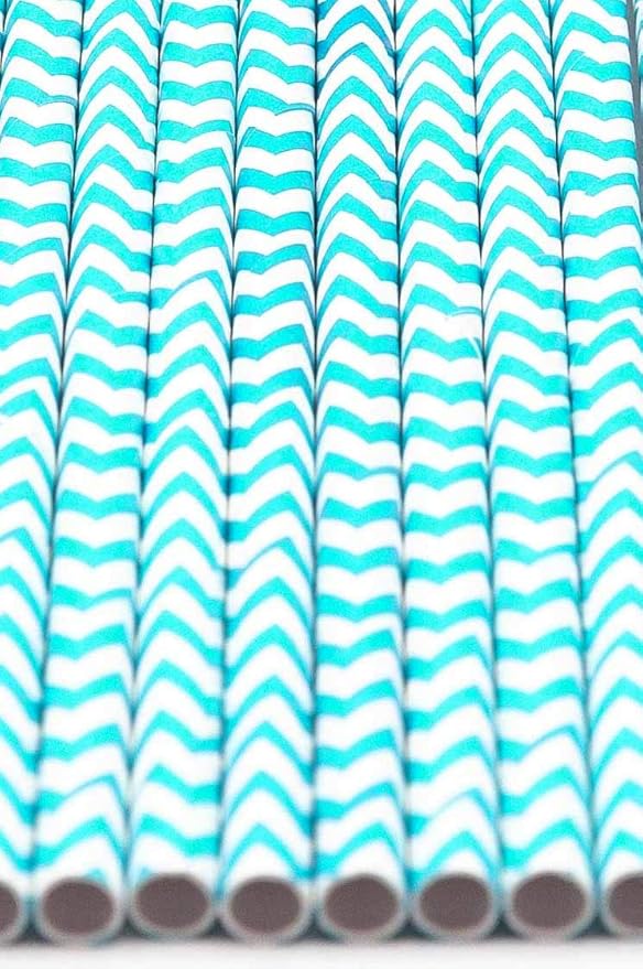 Pack of 300 Turquoise Chevron Biodegradable 4-Ply Paper Drinking Straws (Compostable, Non-toxic, BPA-free)