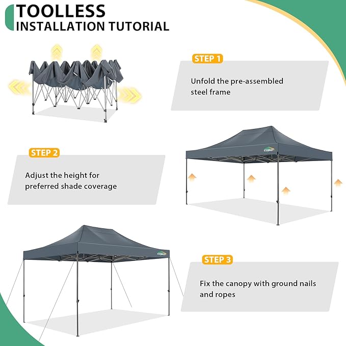 COBIZI 10x15 Heavy Duty Pop Up Canopy Tent with 4 Sidewalls Thicken Frame, Commercial Easy Up Outdoor Wedding Party Tents, All Season Waterproof Windproof with Stakes Sandbags Ropes Bag, Gray