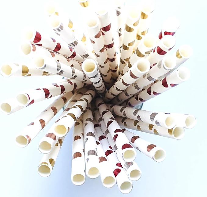 100 pcs Metallic Foil Polka Dot Paper Straws, Colorful Rose Golden Silver Red Drinking Straws, Holiday Birthday Party Bridal/Baby Shower Wedding Celebrations Swizzle Cake Pop Sticks (Metallic Dot 02)