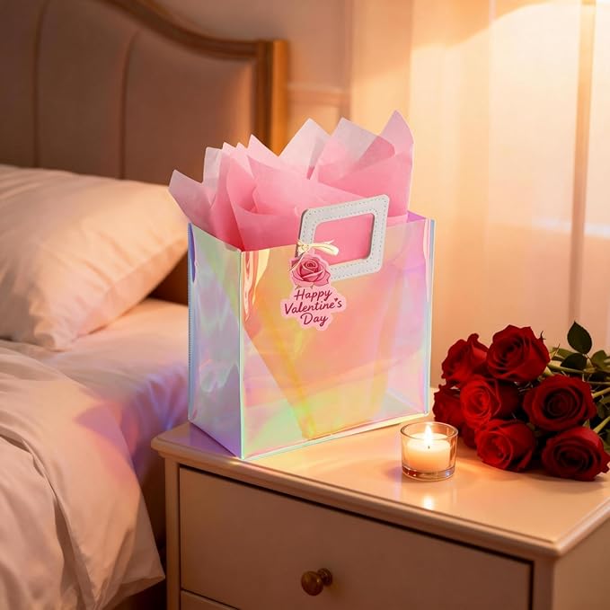 VUOJUR 11'' Medium Valentines Day Gift Bag for Women Girl Reusable Holographic Valentine Bag