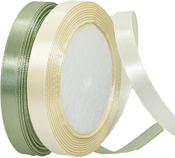 2 Rolls Sage Green Ribbon, 3/8 Inch 50 Yards Dusty Sage Green Beige Satin Fabric Ribbon for Wedding Party, Gift Wrapping, Baby Shower, Flower Bouquets, DIY Crafts, Birthday and Christmas Decorations