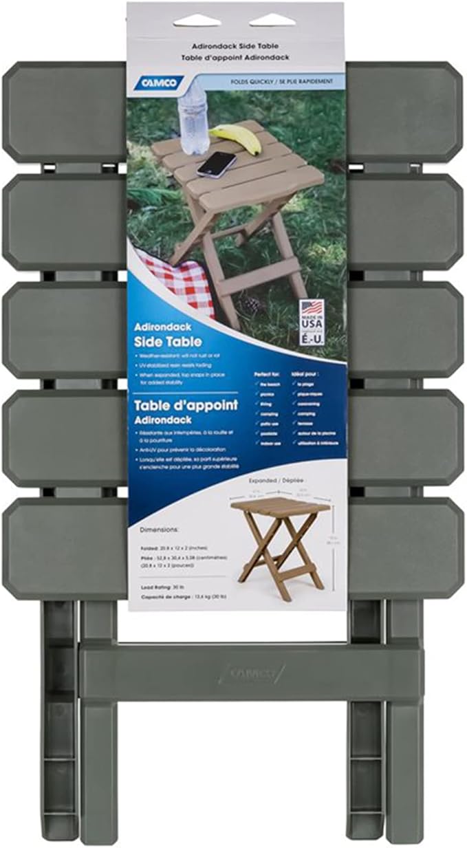 Camco Adirondack Portable Outdoor Camping Small Weatherproof Rustproof Durable Plastic Folding Side Table for Indoor and Outdoor Use, Sage (2 Pack)
