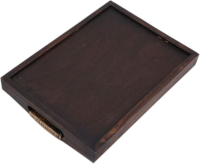 Wooden Serving Tray, Hand-Woven Rattan Rectangle Food Service Display Tray with Raised Handles, 9 Inch Natural Wood and Rattan Decorative Tray for Dining Coffee Table Tea Party