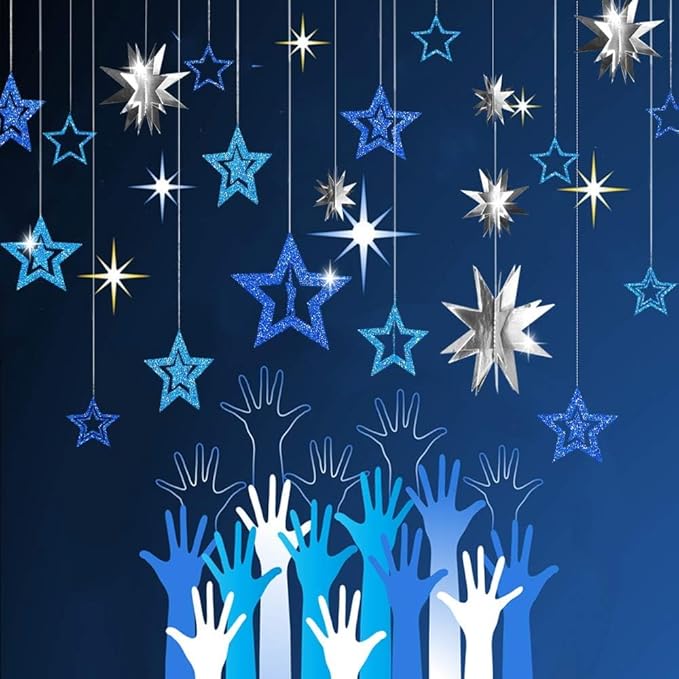 Decor365 Blue Star Garland 3D Hanging Twinkle Little Star Decorations Glittery Navy Blue Party Supplies for Baby Shower, Birthday New Year Eve Graduation Christmas Ramadan Galaxy Theme Star Decor