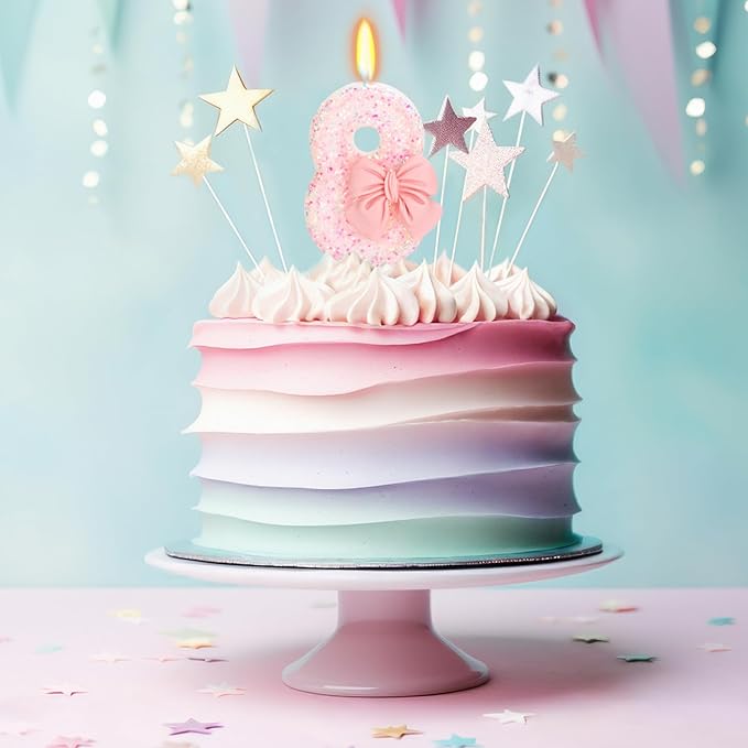 Birthday Candle for Cake, 8 Candle - Pink Glitter with Bowknot, 2.76 inch Happy Birthday Candle, Cake Topper Decoration for 8 Years Old Birthday Party (Number 8)