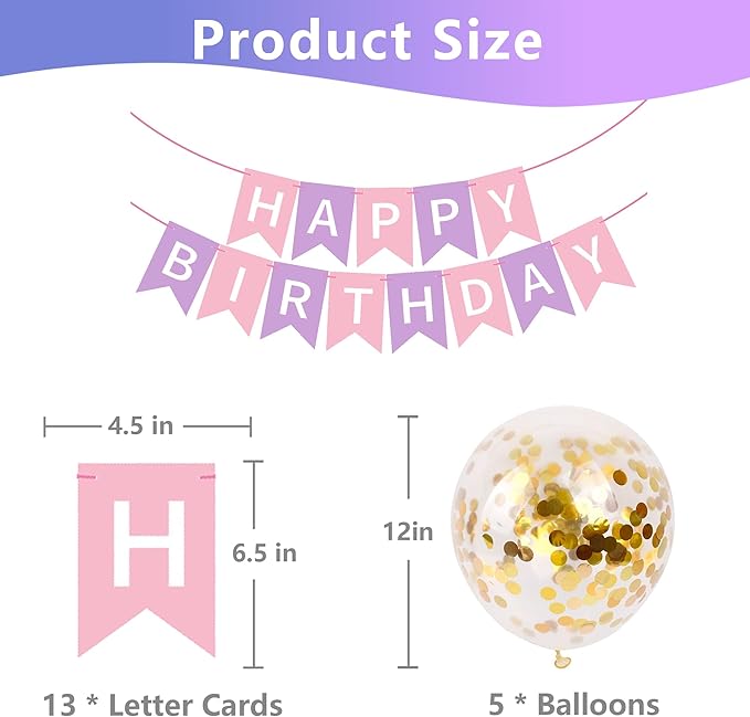 Happy Birthday Banner Sign Bunting Hanging Decorations with Shiny Gold Balloons Birthday Party Sign Decor for Party Supplies(Pink+Purple)