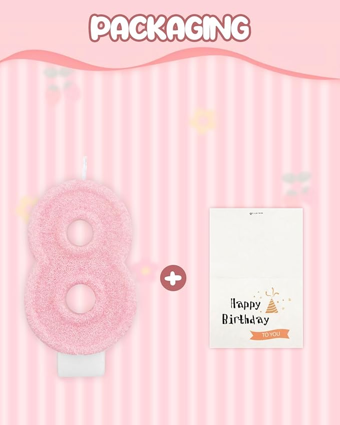 Birthday Candles for Cake, Pink Number Candles, Cake Candles with Greeting Card for Birthday Party Wedding Anniversary Celebrations (Bright Pink 8 Candle)