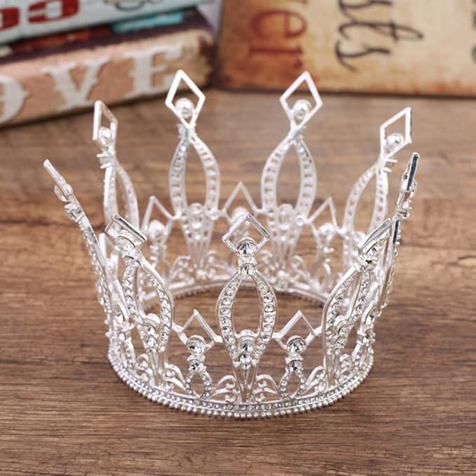 Crown Cake Topper Rhinestone Crystal Handmade Tiara Cake Decoration for Baby Shower Birthday Wedding Party Favors (Silver)