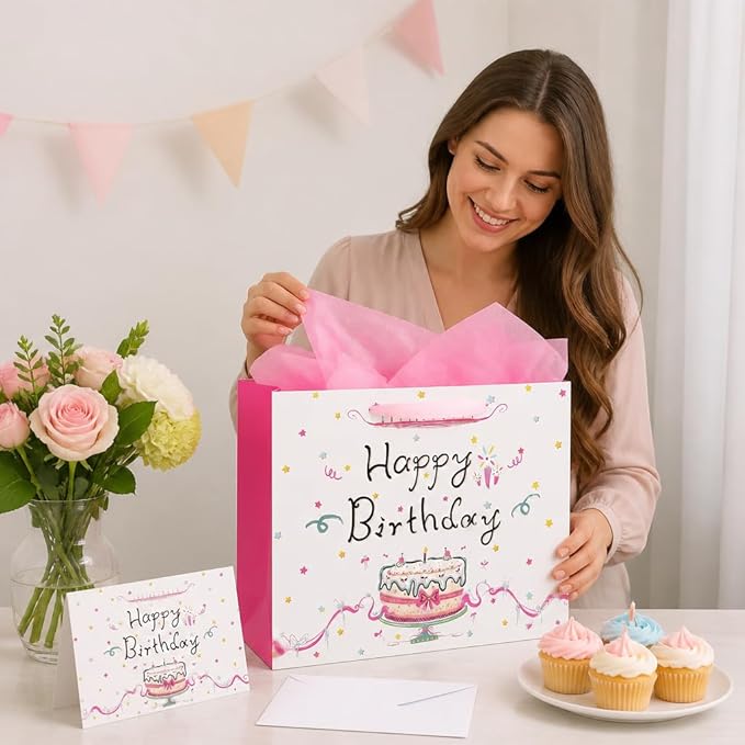 Oletx 13" Large Happy Birthday Pink Paper Bags,Pink Gift Party Favor Bags with Tissue Paper Birthday Card for Women's Party,Mother's Day,Valentine's Day
