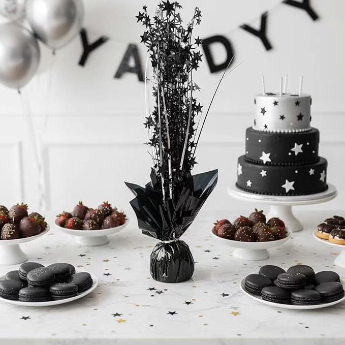 6 Pack Metallic Foil Spray Centerpiece Stars for Wedding, Birthday, Anniversary, Christmas Table Decor, Holiday Festival Baby Shower Graduation Mantle Party Decorations (Black SF)