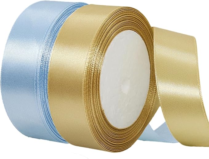 2 Rolls Light Blue Ribbon, 1 Inch x 50 Yards Satin Gold Fabric Ribbon for Flower Bouquets, Gift Wrapping, DIY Crafts, Birthday Cakes, Holiday, Wedding Party and Mother’s Day Decorations