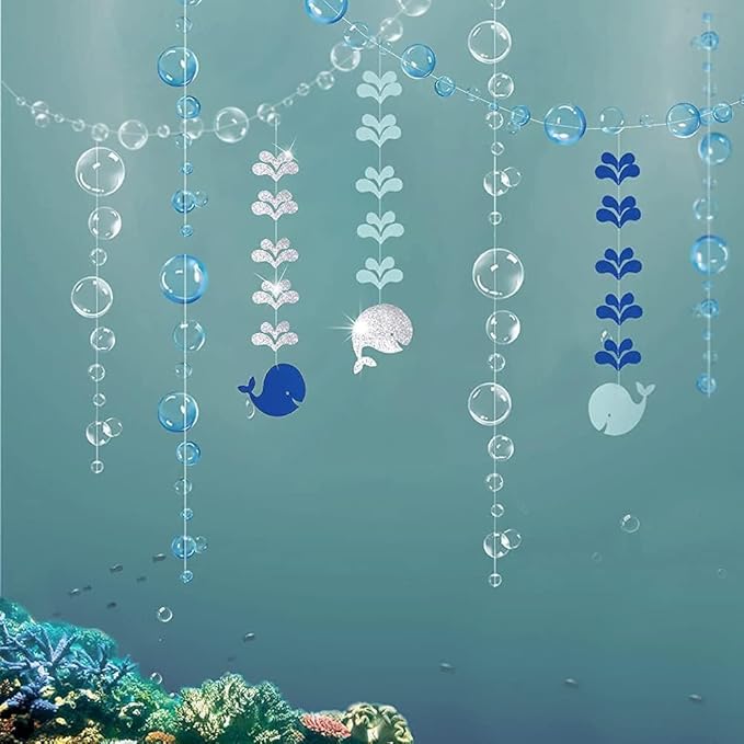 Decor365 Blue Bubble Whale Garland Boy Baby Shower Ocean Garland Whale Theme Under The Sea Party Decorations Birthday Banner Marine Whale Party Streamers Beach Nautical 1st Birhtday Party Decor