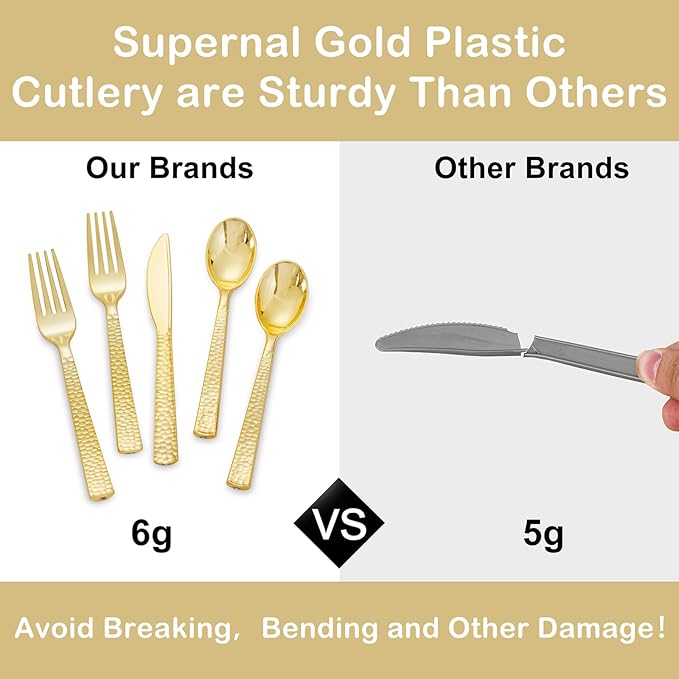 Supernal 180pcs Gold Plastic Silverware Set, Elegant Hammered Design Disposable Cutlery (60 Forks, 60 Spoons, 60 Knives), Heavy Duty Plastic Utensils for Weddings, Graduation Parties 2026 & Catering