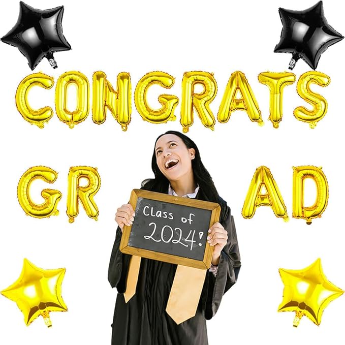 CONGRATS GRAD Gold Balloon Gift Set - Perfect Graduation Gift - Complete 19-Piece Party Kit with 16ā Letters + 18" Stars - Ready-to-Give Celebration Package 2026