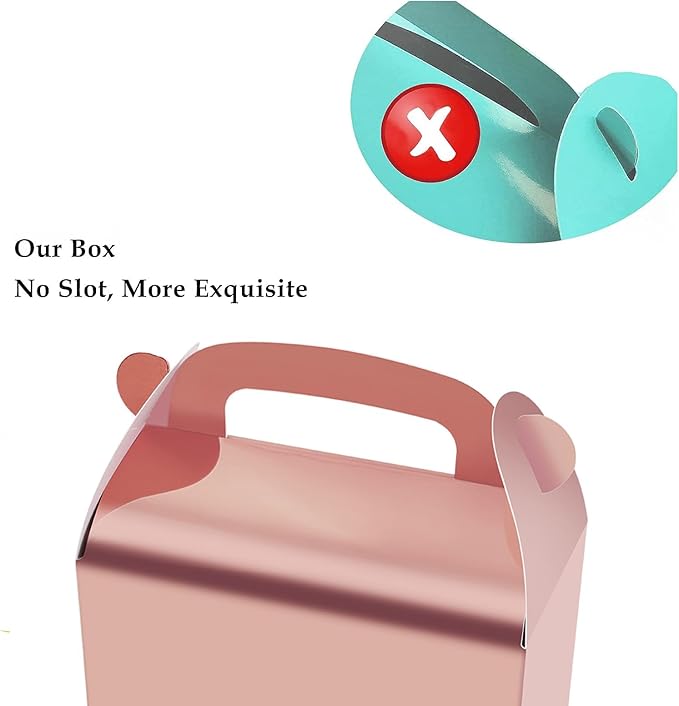 30-Pack Rose Gold Party Favor Treat Boxes, Goodie Gable Paper Gift Boxes with Handles. Perfect for Wedding, Birthday, Graduation, Babyshower