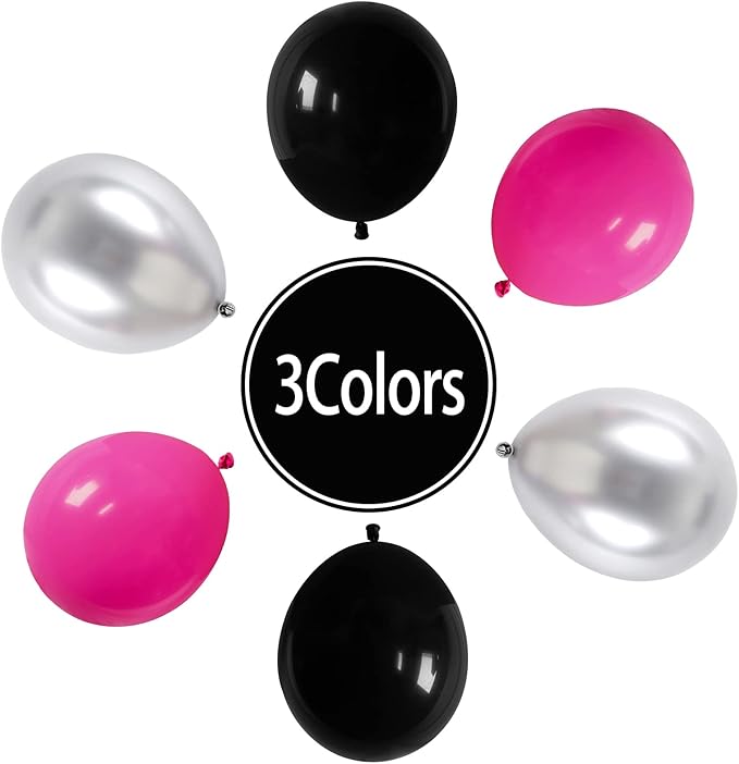 Paready Hot Pink and Black Balloons, 30 Pcs 12 Inch Black Hot Pink and Silver Latex Balloons with Ribbons for Girls Birthday Engagement Anniversary Wedding Bridal Shower Party Graduation Decoration