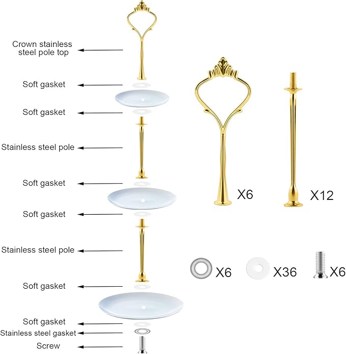 6 Set Tiered Tray Hardware for Cake Stand Mold Crown 3 Tier Cake Stand Fittings Hardware Holder for Wedding and Party Making Resin Cupcake Dessert Platter Serving Stand (Gold, M)