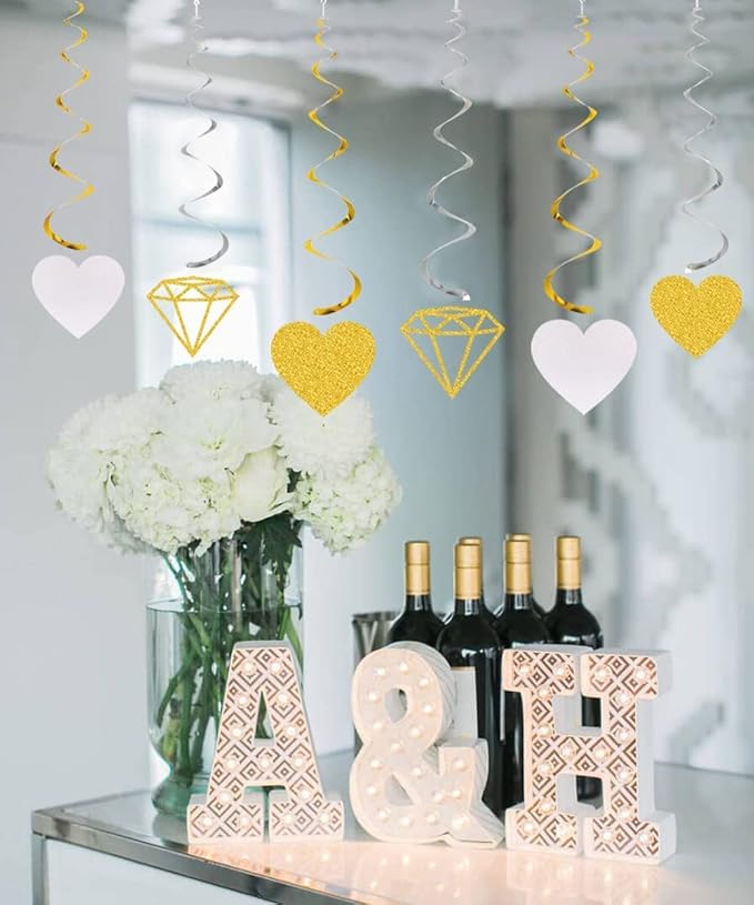 Sparkly Gold Engagement Decorations - Engaged Banner, Cake Decorations, Confetti, Ring Balloons for Wedding Party Decor
