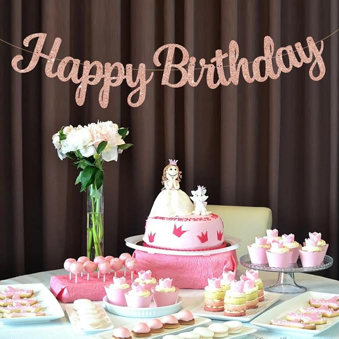 BEISHIDA Happy Birthday Banner - NO DIY,Rose Gold 10Feet Pre-Strung-Glitter Birthday Sign Garland Backdrop Decorations for Women men Party