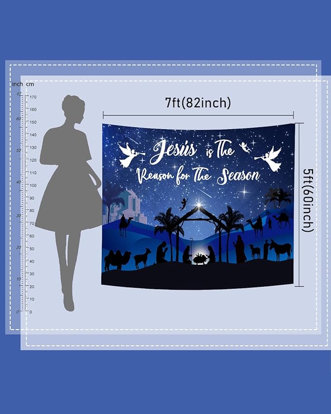 Mocsicka Christmas Nativity Backdrop Blue Large Merry Christams Party Decorations Banner Xmas Christmas Jesus is The Reason for The Season Background Photo Booth (Blue, 10x8ft(120"x96"))